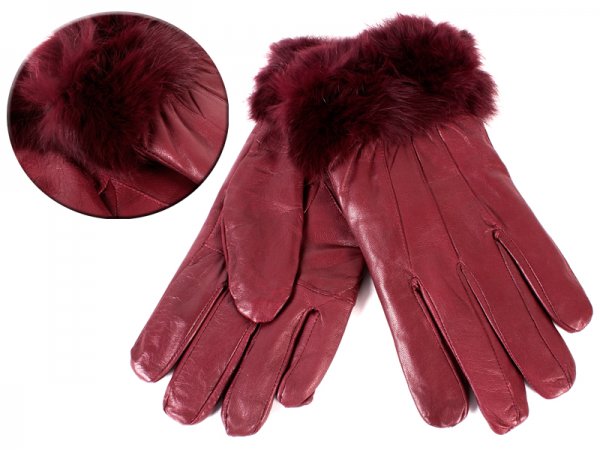 8912 BURGUNDY Ladies Soft Leather Glove with Fur Trim SMALL