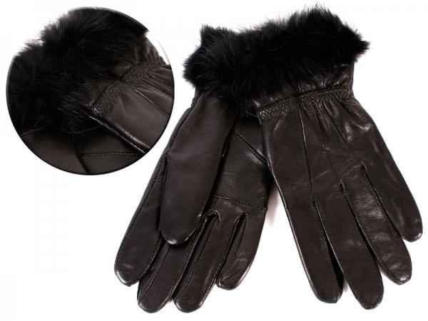 8912 BLACK Ladies Soft Leather Glove with Fur Trim SMALL