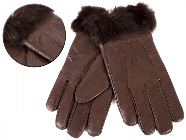 8912 DARK BROWN Ladies Soft Leather Glove with Fur Trim LARGE