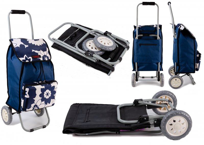 6956 Navy Flower Shopping Trolley with Folding back Frame - Click Image to Close