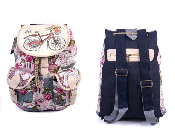 2605 BOHO CANVAS BACKPACK WITH 2 FRONT POCKETS Bike - Cream