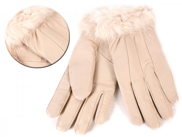 8912 BEIGE Ladies Soft Leather Glove with Fur Trim MEDIUM X008